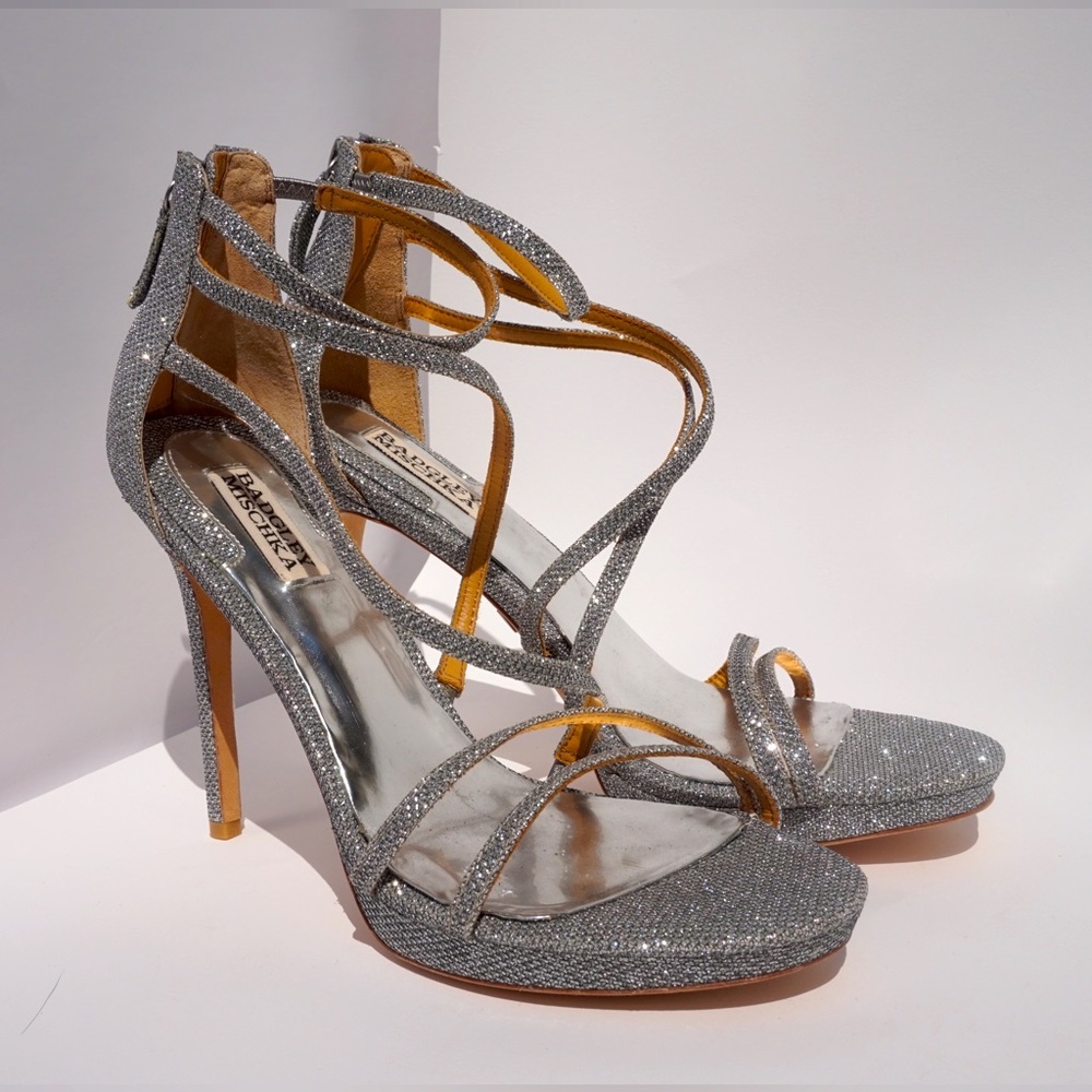 BADGLEY MISCHKA Evening Silver Sparkle 4.5” Strappy Heels